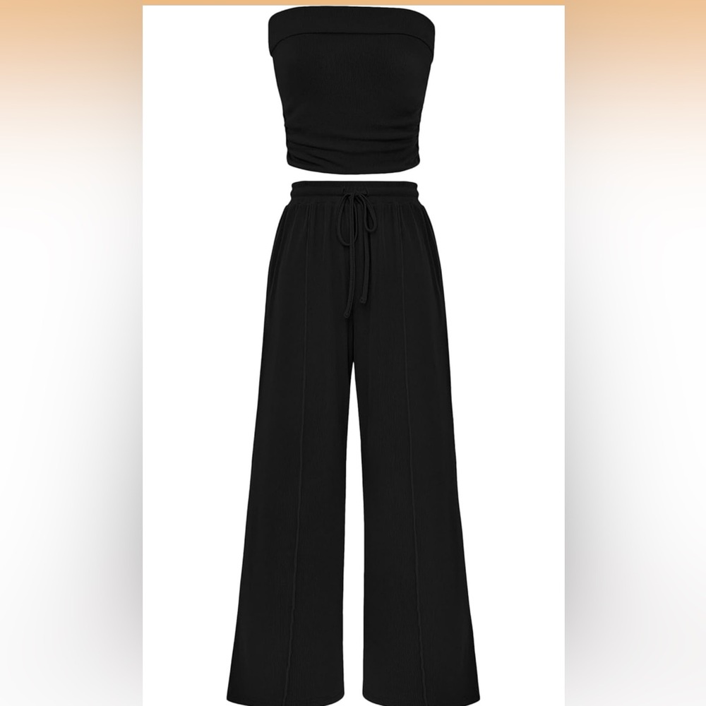 PRETTYGARDEN 2-Piece Black Ribbed Tube Top & Wide-Leg Pants Set – Size M